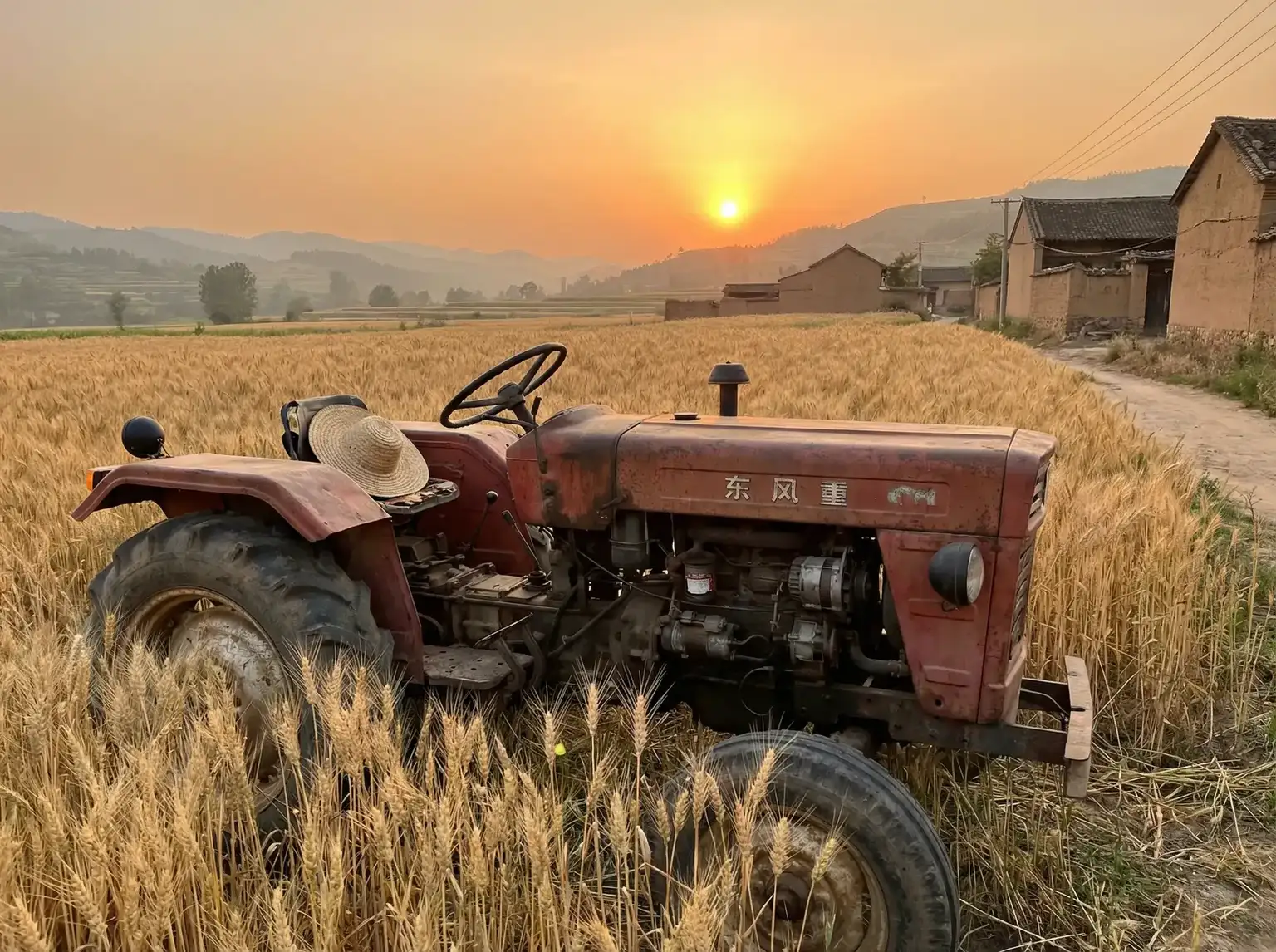 夕阳下的老式拖拉机停在麦田边 - 洛克王国时间 田间记忆